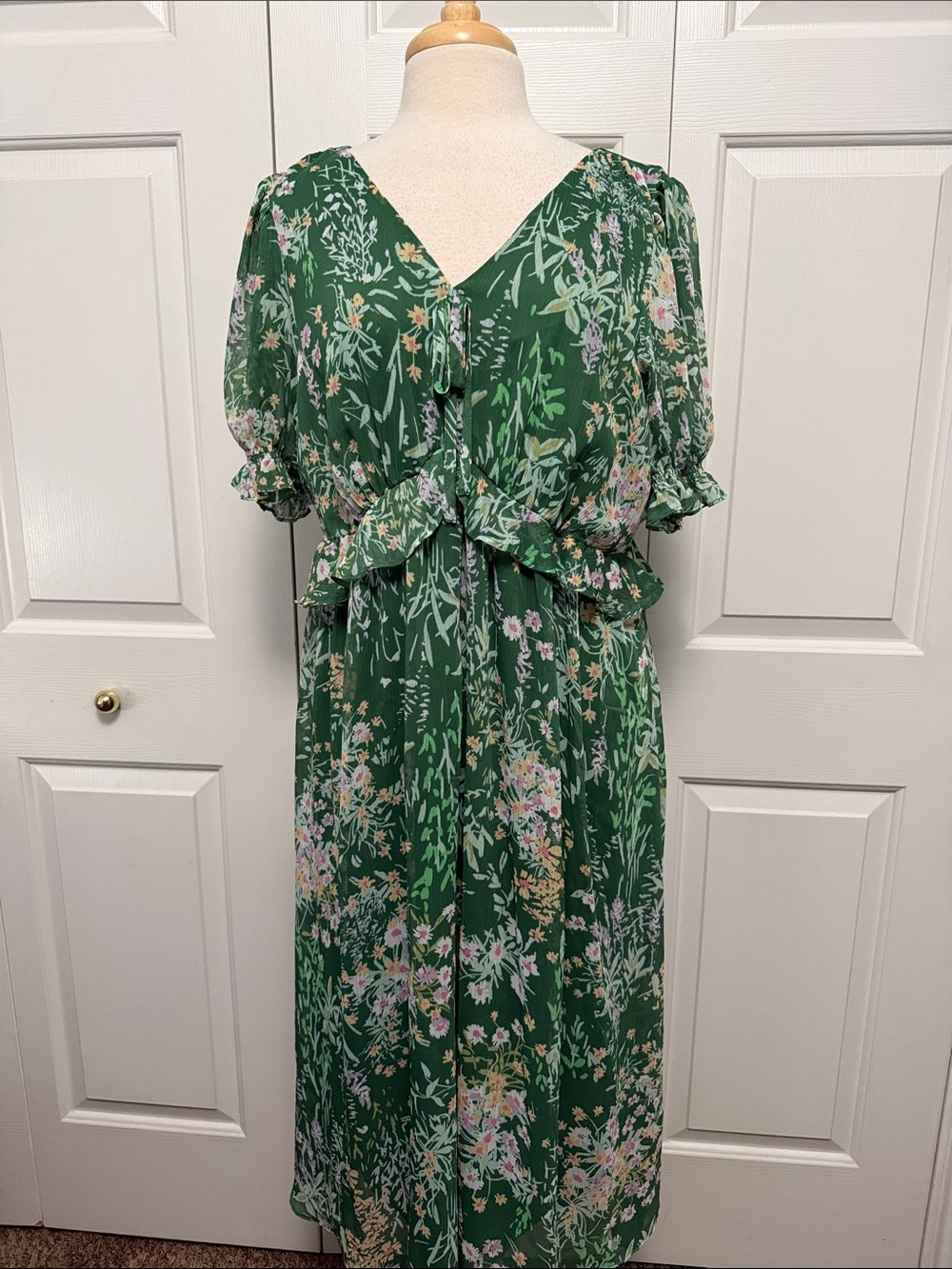 LC Lauren Conrad Green Floral Ruffle V-Neck Midi Dress